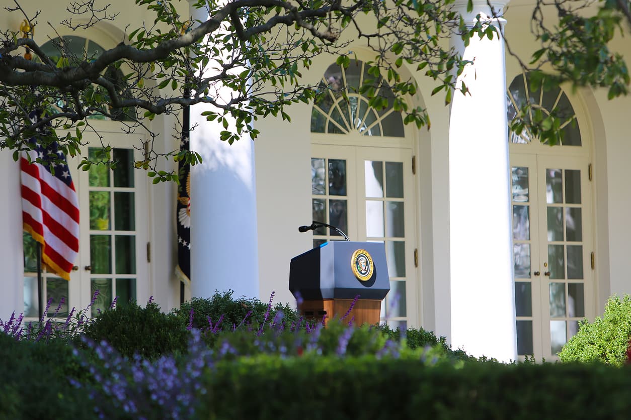 White house presidential podium in the garden