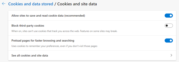 Cookies and data stored